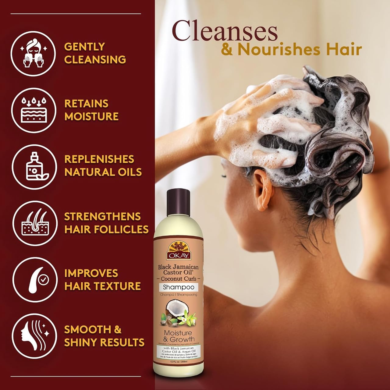 OKAY Black Jamaican Castor Oil Shampoo - Natural, Moisturizing Jamaican Castor Shampoo, Strengthen & Restore Damaged Hair for Women and Men - Coconut