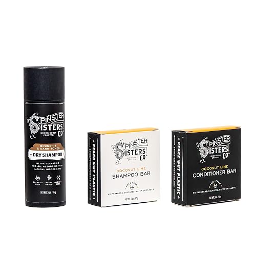 Spinster Sisters Natural Hair Care Set, Coconut Lime - Shampoo Bar, Conditioner Bar, Brown Dry Shampoo - Homemade, sulfate-free, moisturizing