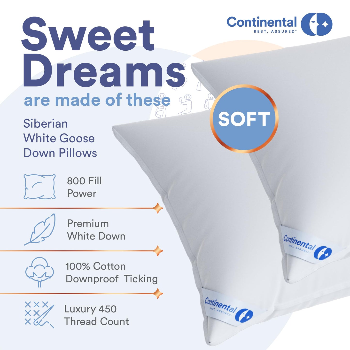 Continental Bedding Siberian Goose Down Pillow - 800 Fill Power White Goose Down - 400 Thread Count 100% Cotton Shell - Soft, Medium & Firm Luxury