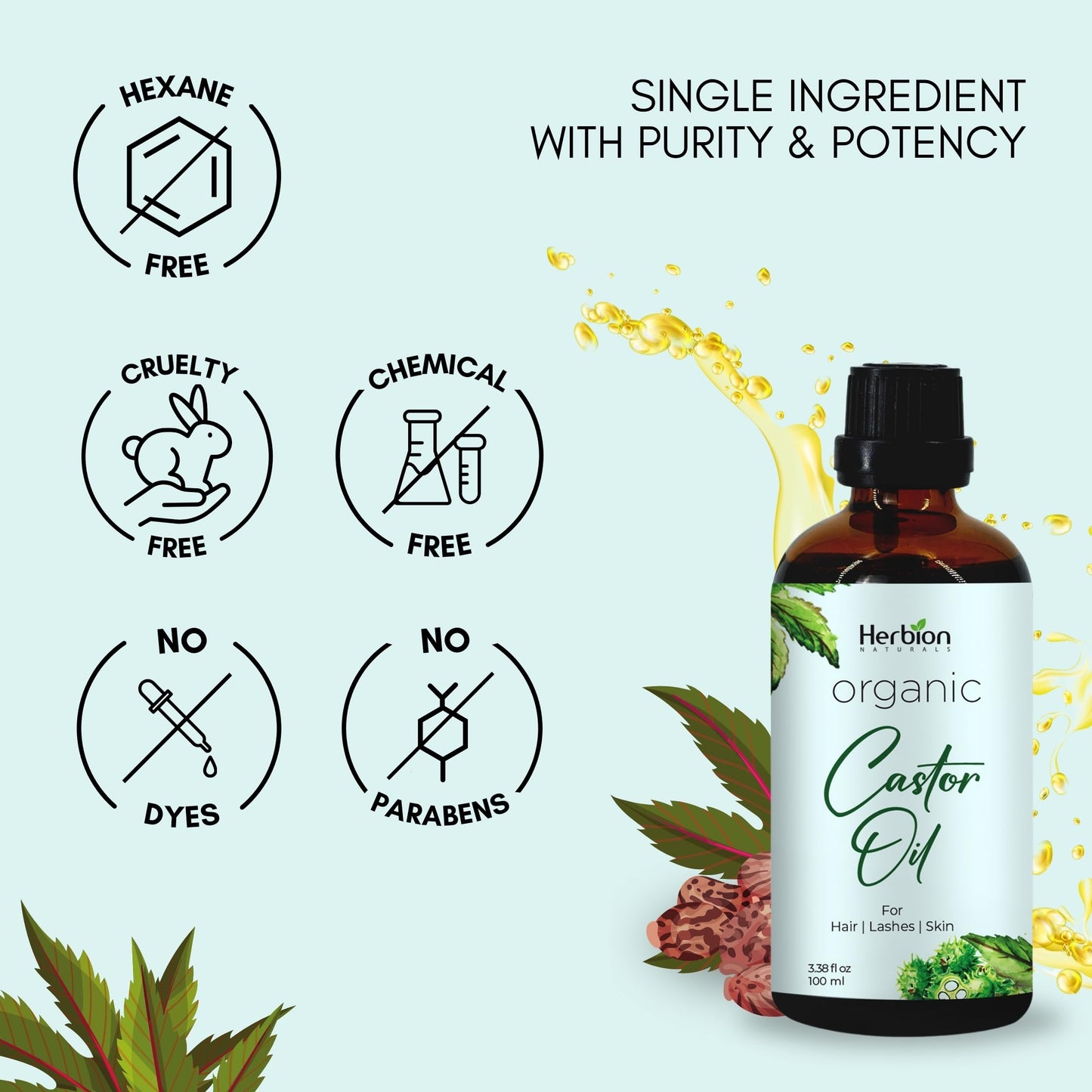 Herbion Naturals Organic Castor Oil USDA Certified, 100% Pure, Cold Pressed, Hexane-Free. Moisturizer & Hair Treatment. Glass Bottle w/Dropper, 3.38