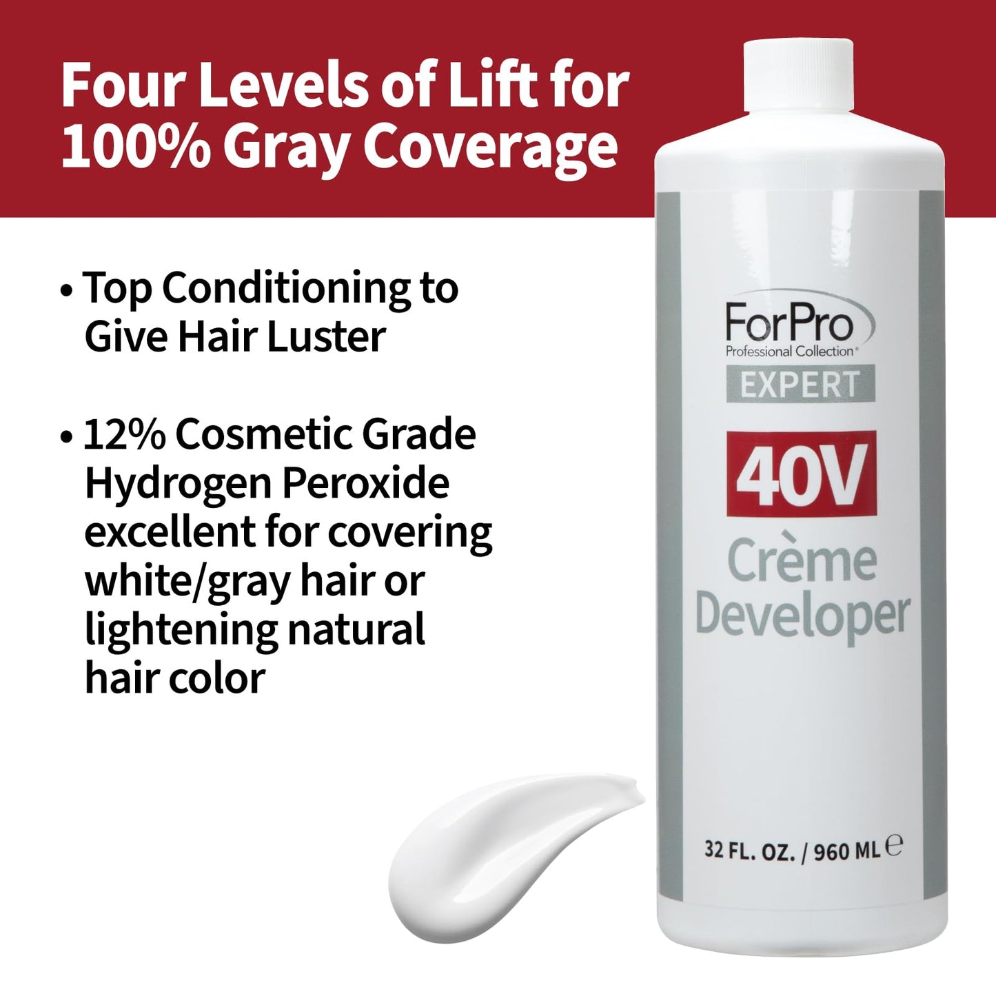 ForPro Expert 40 Volume Crème Developer, 32 Fl Oz - for Hair Lightening, Gray Coverage & Color Deposit with Maximum Lift
