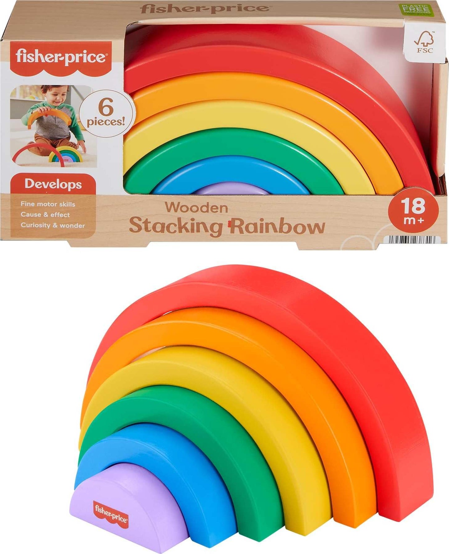 Fisher-Price Wooden Toddler Stacking Rainbow – 6 Colorful Pieces for Building & Developmental Play, Kids Ages 18+ Months