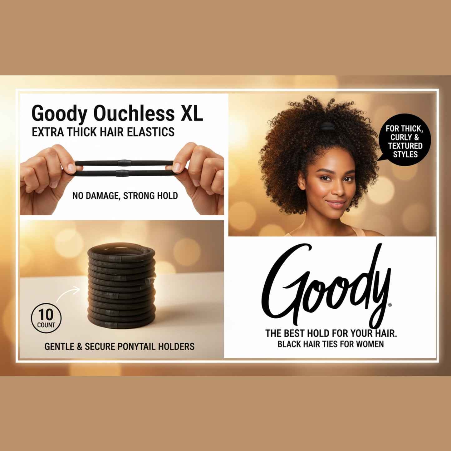 Goody Ouchless XL & Extra Thick Hair Elastics - Black Hair Ties for Women, No Damage, Strong Hold for Thick Hair, Curly or Textured Styles - 10 Count