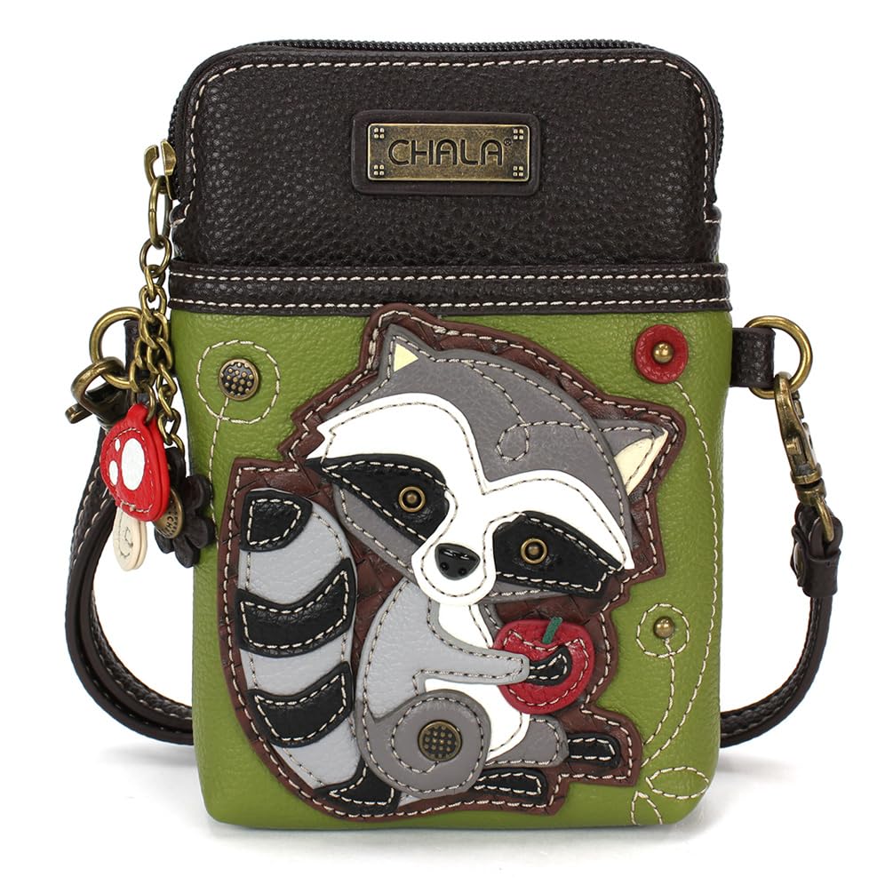 CHALA Woodland Animal Collection Cell Phone Crossbody Purse-Women PU Leather/Canvas Multicolor Handbag with Adjustable Strap - Raccoon with Cherry…