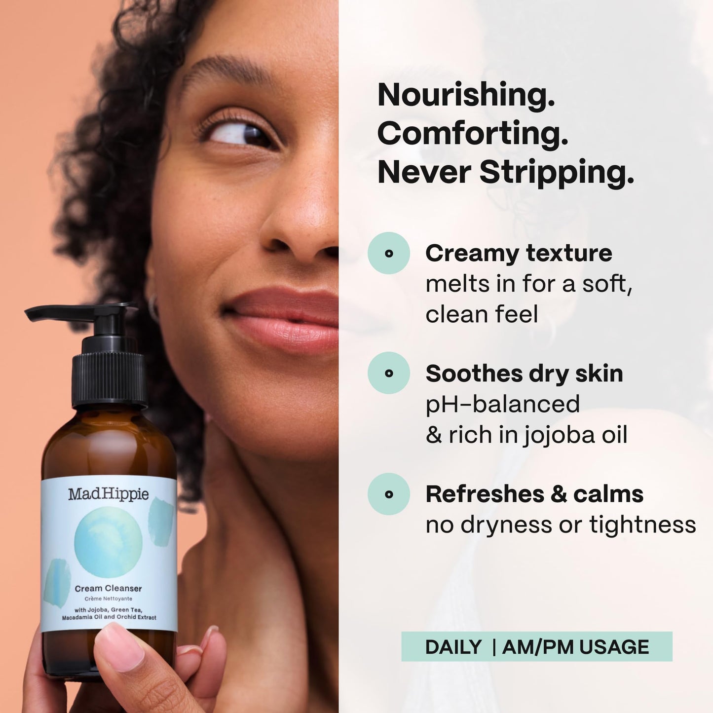 Mad Hippie Cream Cleanser - Gentle Formula with Hyaluronic Acid, Jojoba Oil & Green Tea, Skin Barrier Protection, 4 Oz Ea