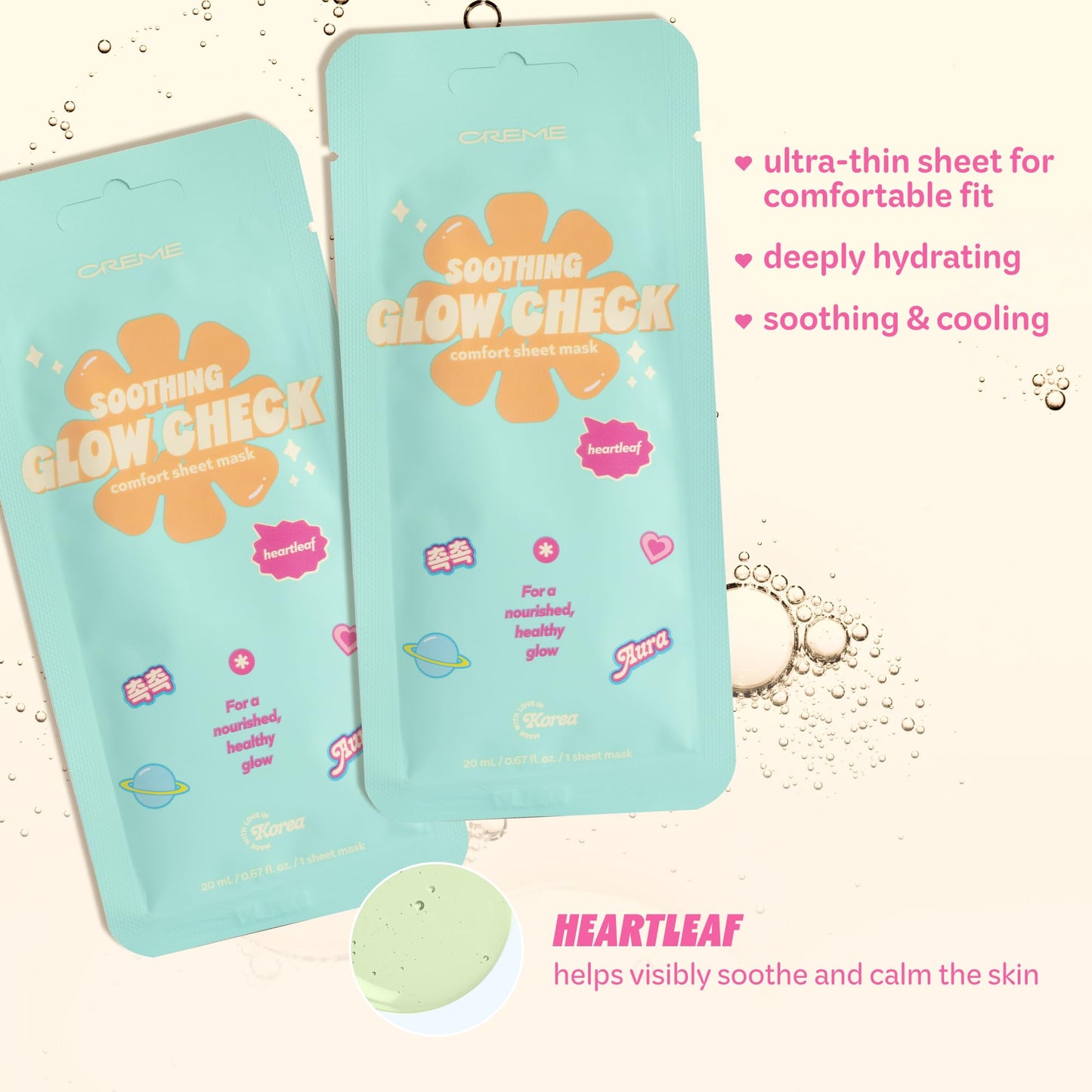 The Creme Shop Glow Check Comfort Sheet Mask 5 Pack, Facial Sheet Mask, Korean Skin Care, Hydrating, Brightening, Heartleaf Soothing Glow for Glass