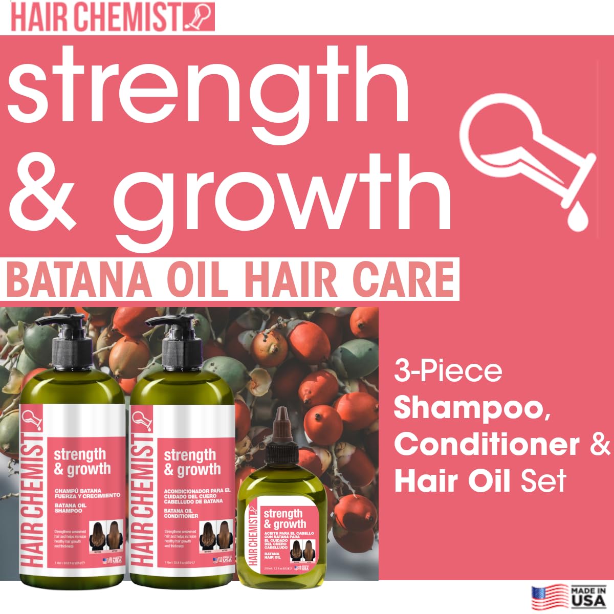 Hair Chemist Strength & Growth Batana Oil Shampoom Conditioner Set 33.8 oz. & Hair Oil 7.1 oz. (3-PC Set) - Batana Shampoo and Conditioner for Hair