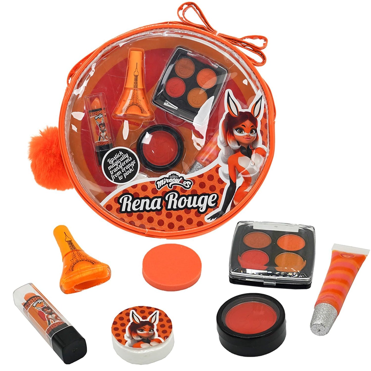 Miraculous Ladybug Kids Makeup Set - 10 Piece Bag with Nail Polish, Hair Chalk, Stickers & More - Safe, Non-Toxic Pretend Play Cosmetics - Rena Rouge