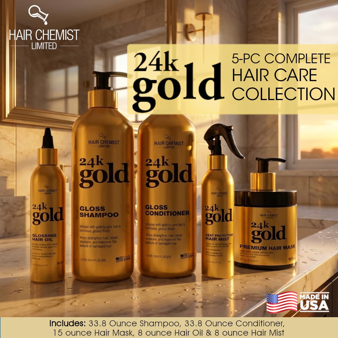 Hair Chemist 24K Gold 5-PC Complete Hair Care Set - Large Shampoo, Conditioner, Hair Oil, Hair Mist & Deep Hair Mask - Strengthening, Hydrating