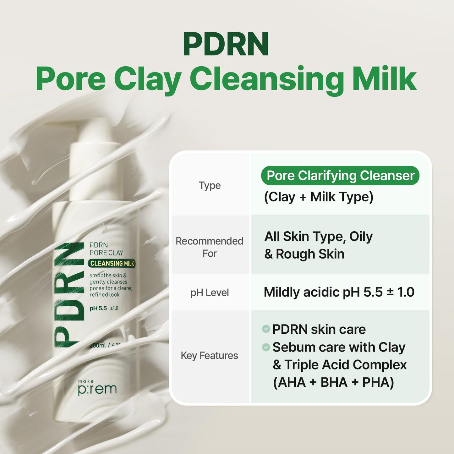 MAKE P:REM PDRN Pore Clay Cleansing Milk, Hydrating Gentle Face Wash for Sensitive Skin, Korean Face Wash, Milky Cleanser, 6.76 fl.oz. (200mL) Beauty and Personal Care MAKEP:REM