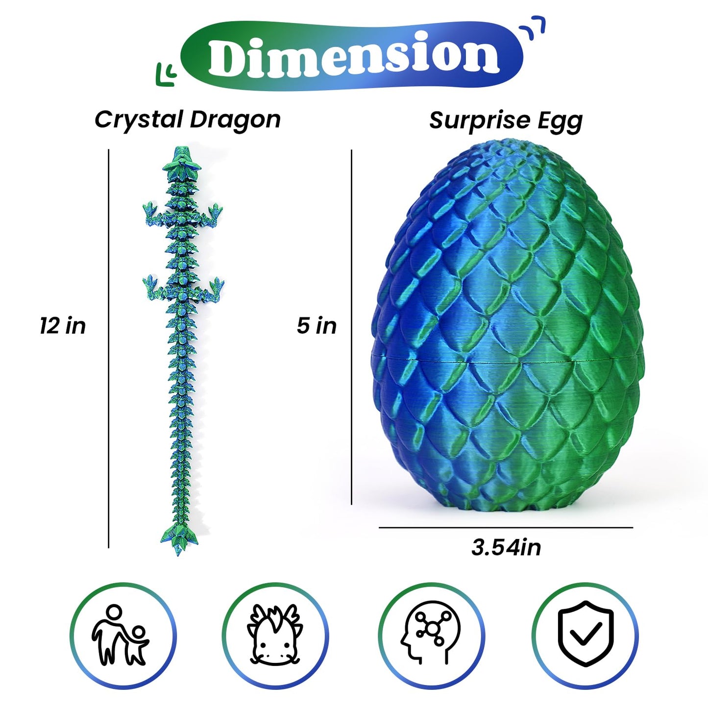 TBOLINE 12" 3D Printed Dragon Egg – Articulated Crystal Dragon Toy, Fidget Dinosaur Egg Gift for Kids & Teens Ages 4-12 (Laser Green)