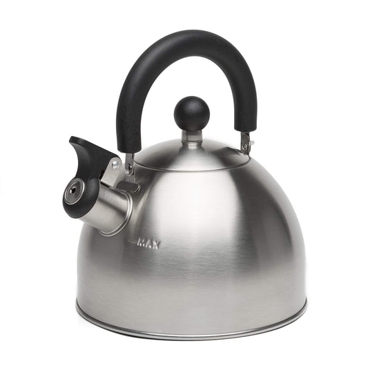 Primula Stewart 1.5-Qt Whistling Tea Kettle – Food-Grade Stainless Steel, Fast Boil, Cool-Touch Folding Handle, Brushed Finish with Black Handle