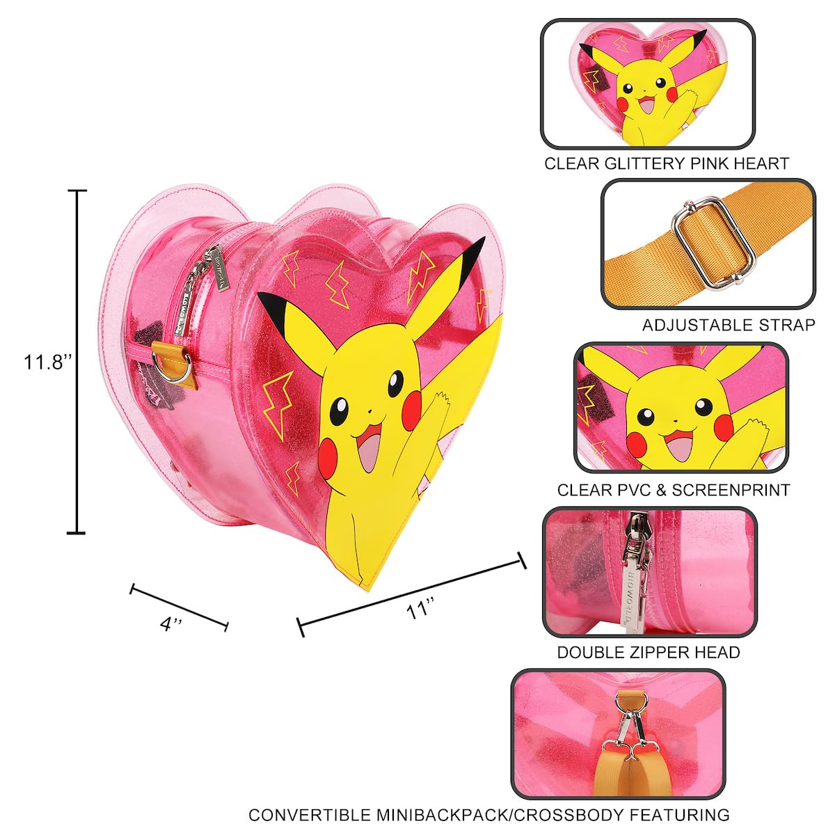 Bioworld Pokemon Pikachu 10.5 Heart-Shaped Clear Pink Backpack
