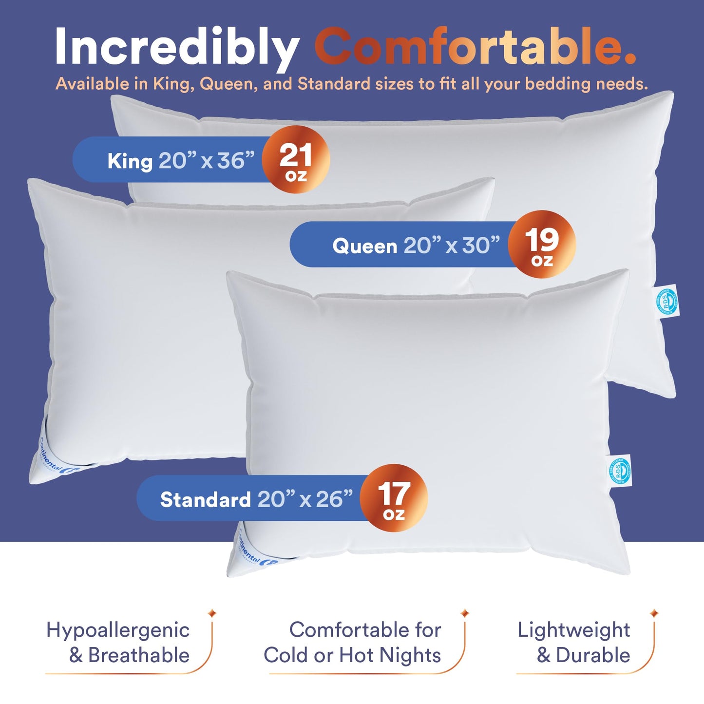 Continental Bedding Siberian Goose Down Pillow - 800 Fill Power White Goose Down - 400 Thread Count 100% Cotton Shell - Soft, Medium & Firm Luxury