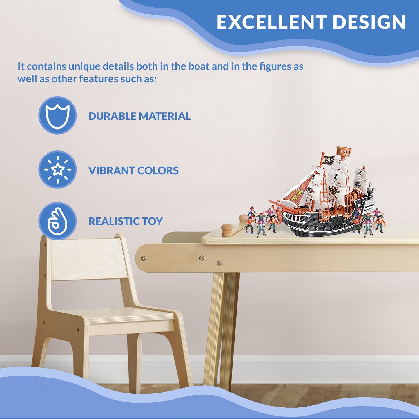 HOWBOUTDIS Pirate Playset – 10" Pirate Ship with 2" Figurines, Imaginative Playset for Kids Ages 3+, Great Gift or Party Prize