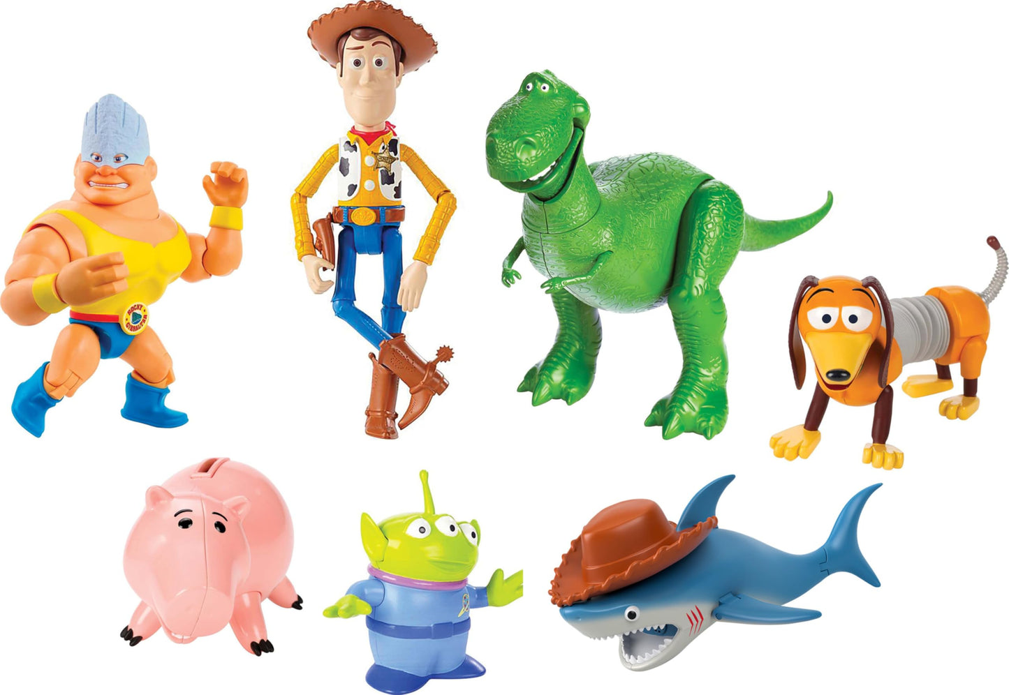 Mattel Disney and Pixar Toy Story Set of 7 Action Figures with Woody, Slinky, Rex, Hamm, Alien, Rocky & Shark, Disney100 Collectible