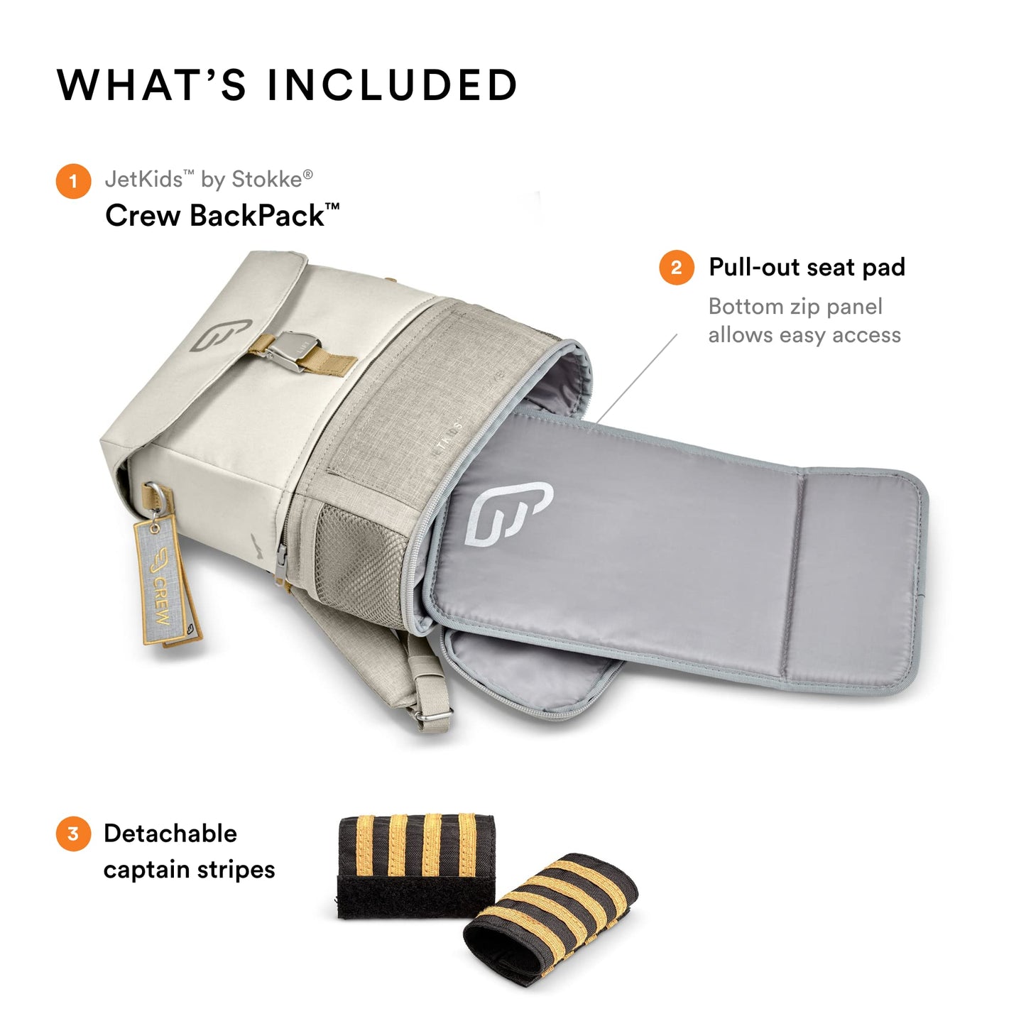 JetKids Stokke BackPack, White - Expandable Design for Kids 2-7 Years Old - Easy-to-Clean, Water Repellent Fabric - Includes Pull-Out Seat Pad, Name Tag & Detachable Captain Stripes