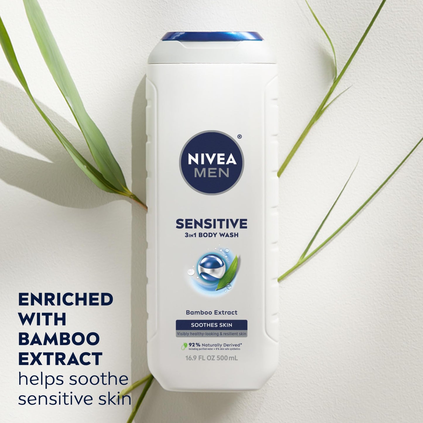 NIVEA MEN Sensitive Body Wash with Bamboo Extract, Moisturizing Body Wash for Sensitive Skin, Soap Free Shower Gel for Men with No Drying Alcohol