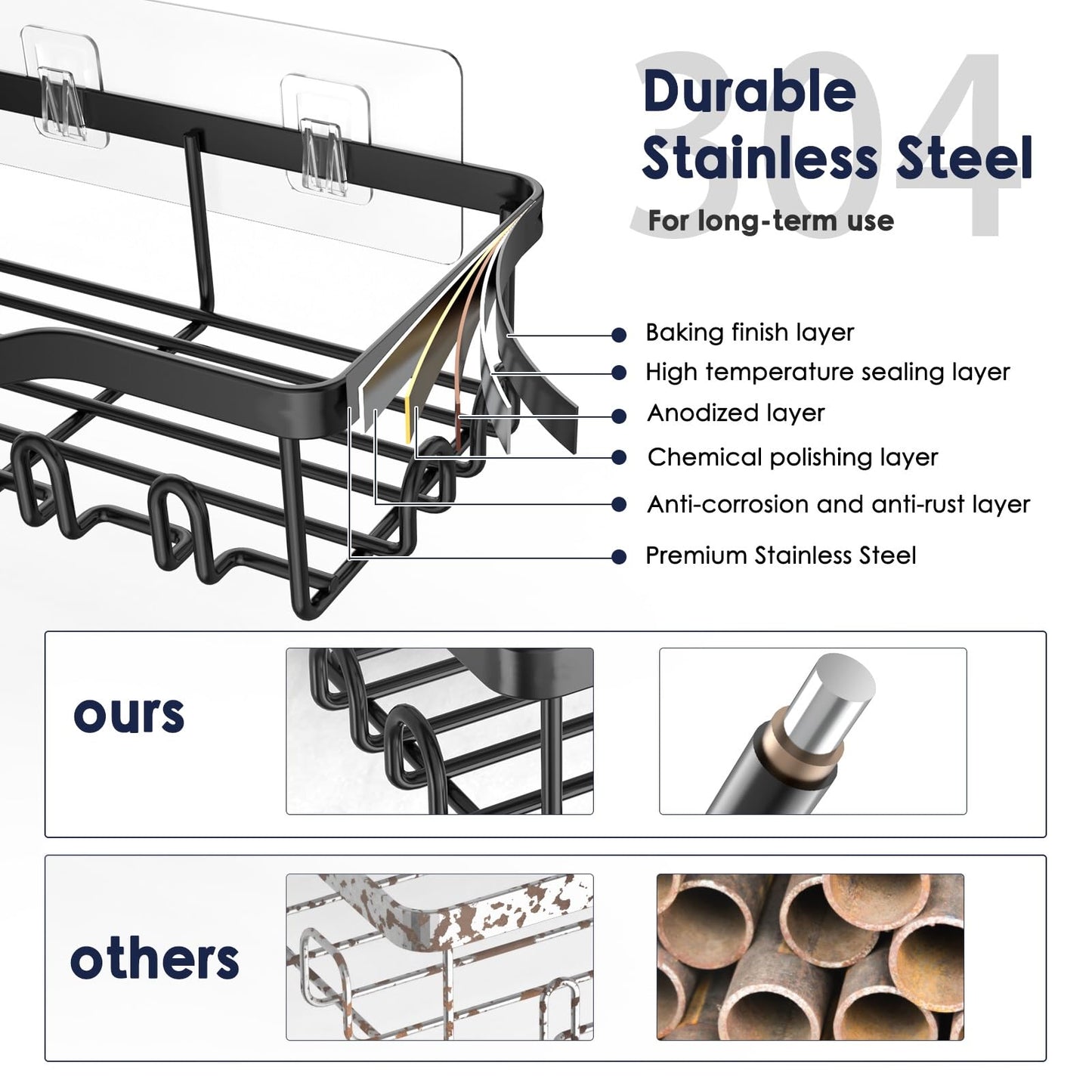 NESOMI 7-Pack Adhesive Shower Caddy – Rustproof No-Drill Bathroom Organizer with Shelves, Soap Dish, Toothbrush Holder & Hooks
