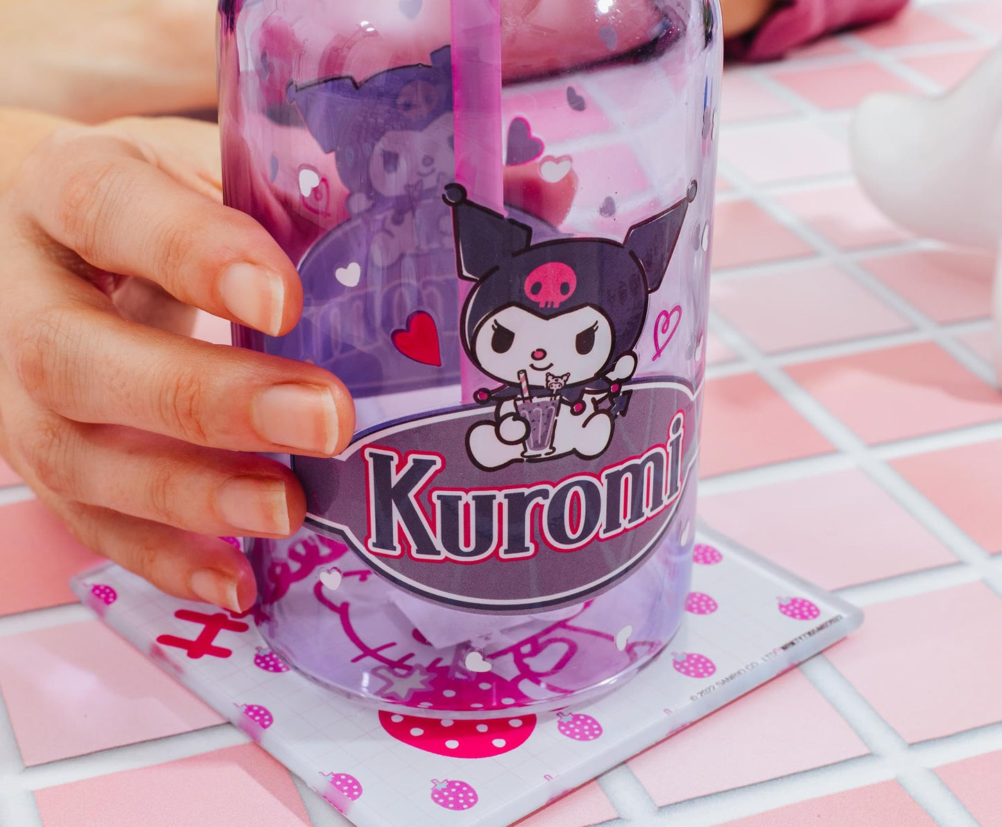 Silver Buffalo Sanrio Hello Kitty and Friends Featuring Kuromi Hearts Purple Glass Milk Bottle with Straw, 15 Ounces