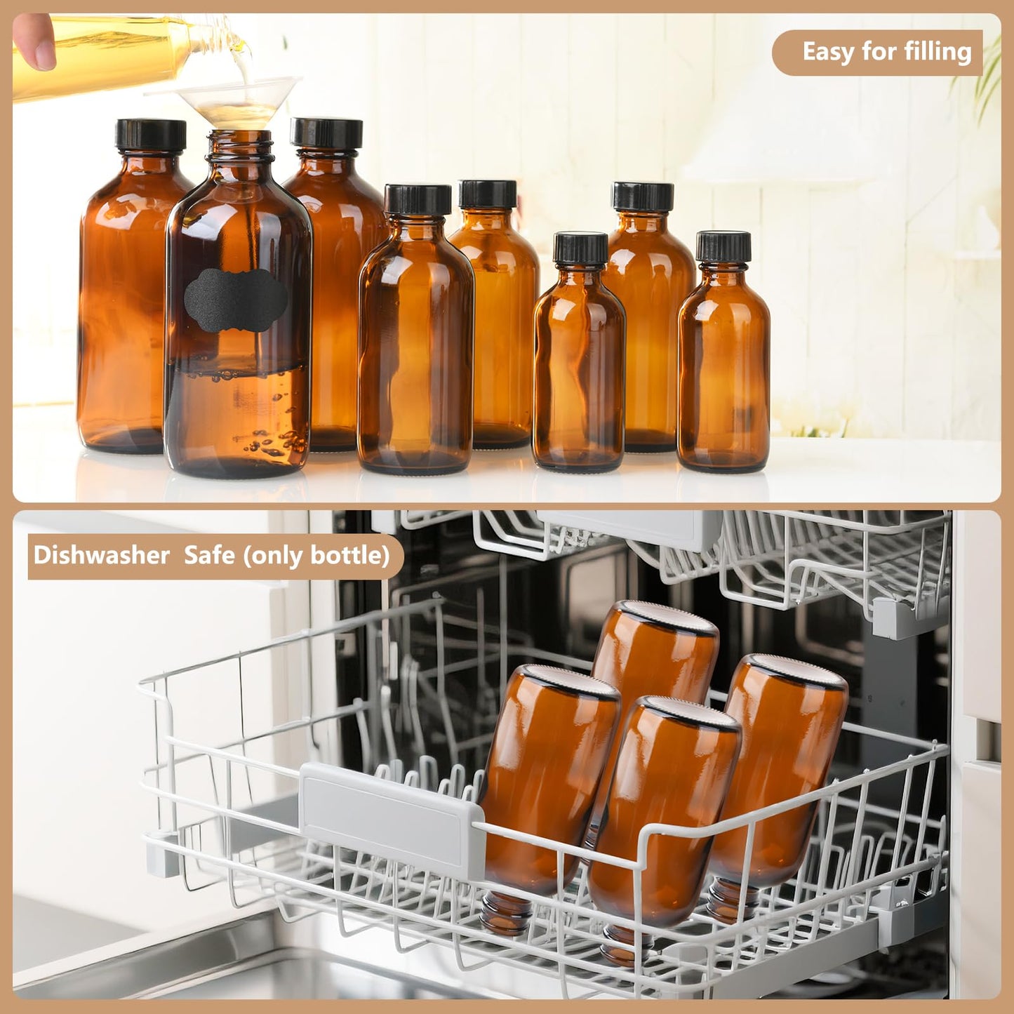 BPFY 12 Pack 8 oz Amber Glass Boston Bottle With Black Poly Cap, Funnel, Chalk Labels, Pen, Dispensing Bottles for Homemade Vanilla Extract, Essential
