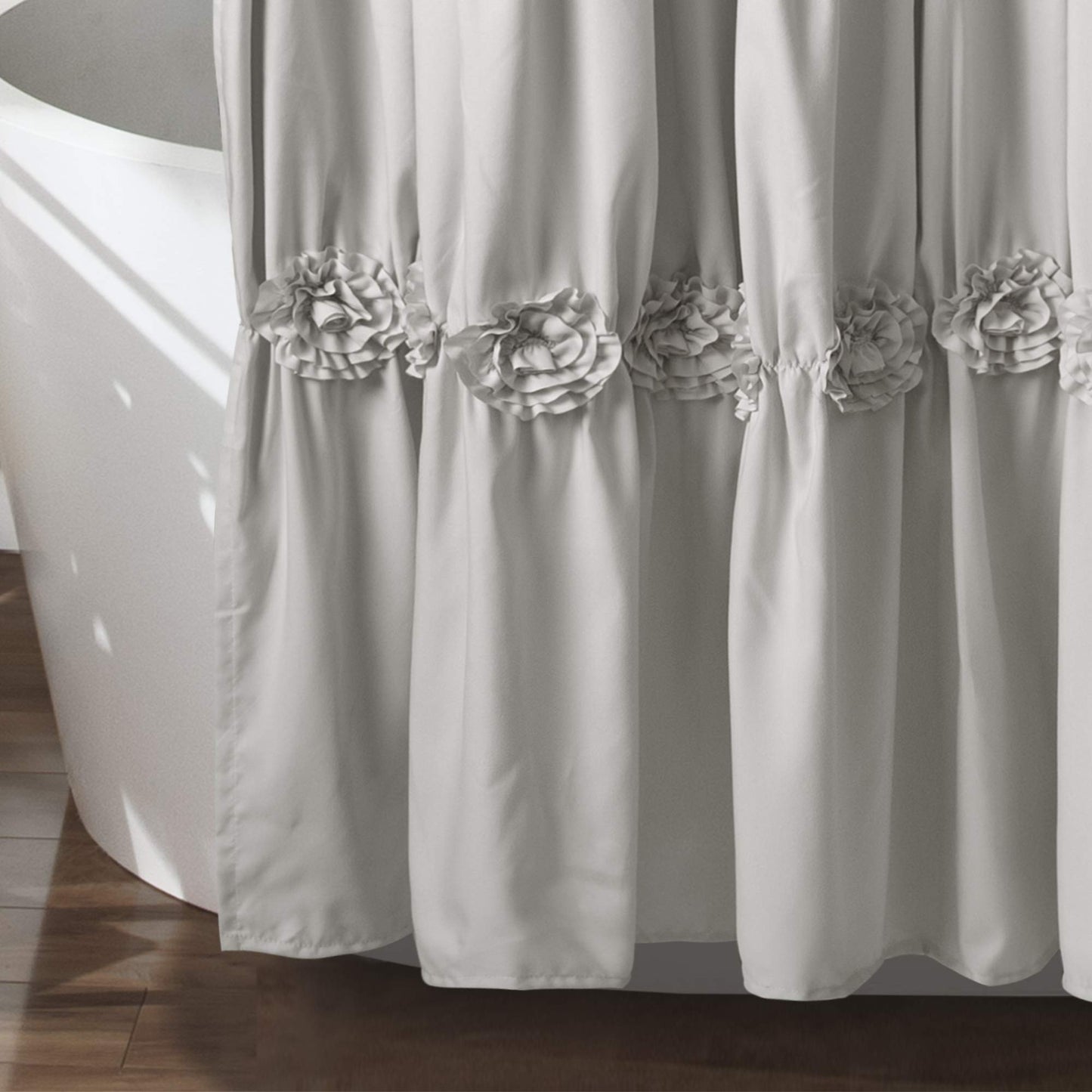 Lush Decor Darla Ruched Floral Bathroom Shower Curtain, 72” x 72”, Light Gray