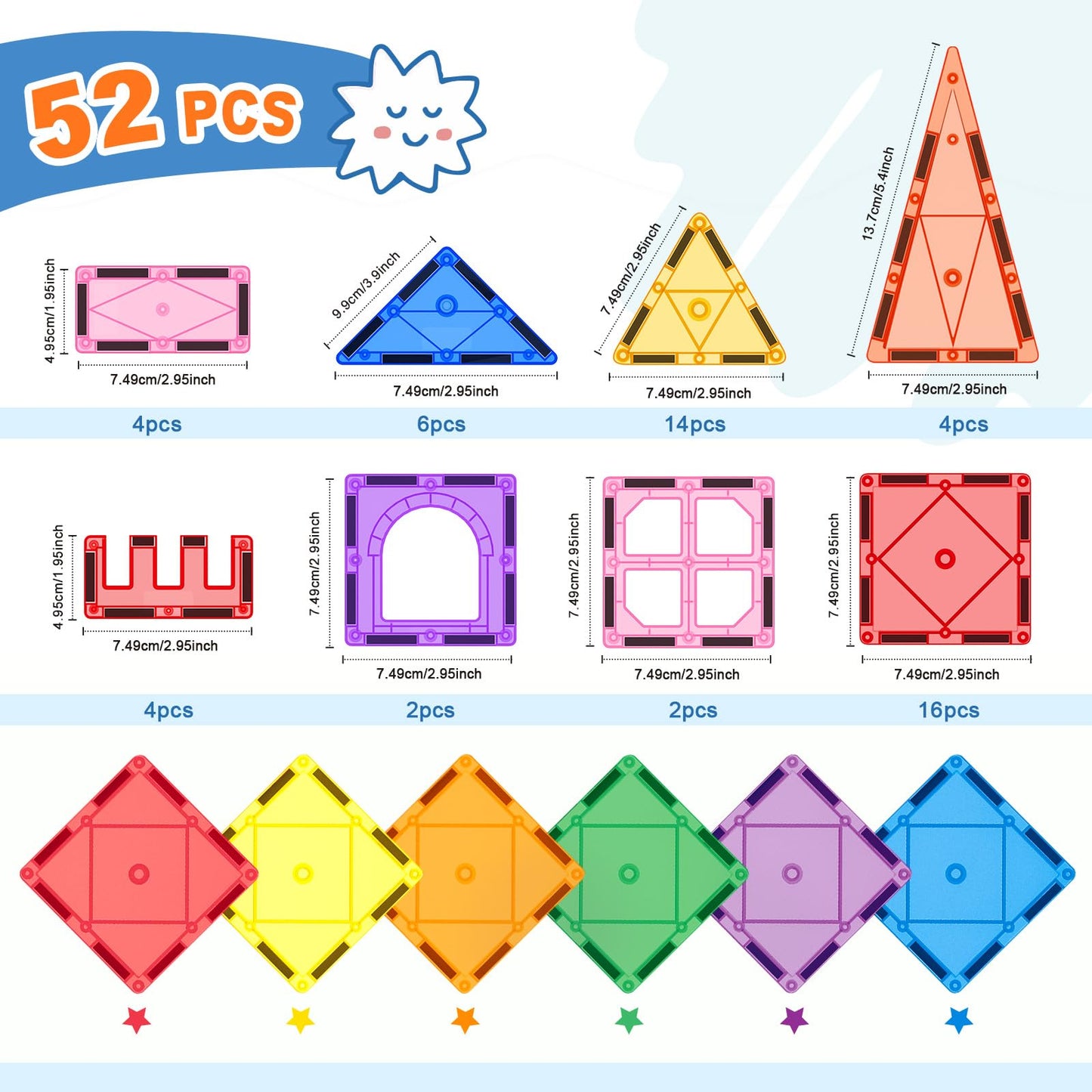 52pcs Magnetic Tiles – STEM Building Blocks Montessori Sensory Toys for Toddlers & Kids, Educational Magnet Set for Boys & Girls Age 3+