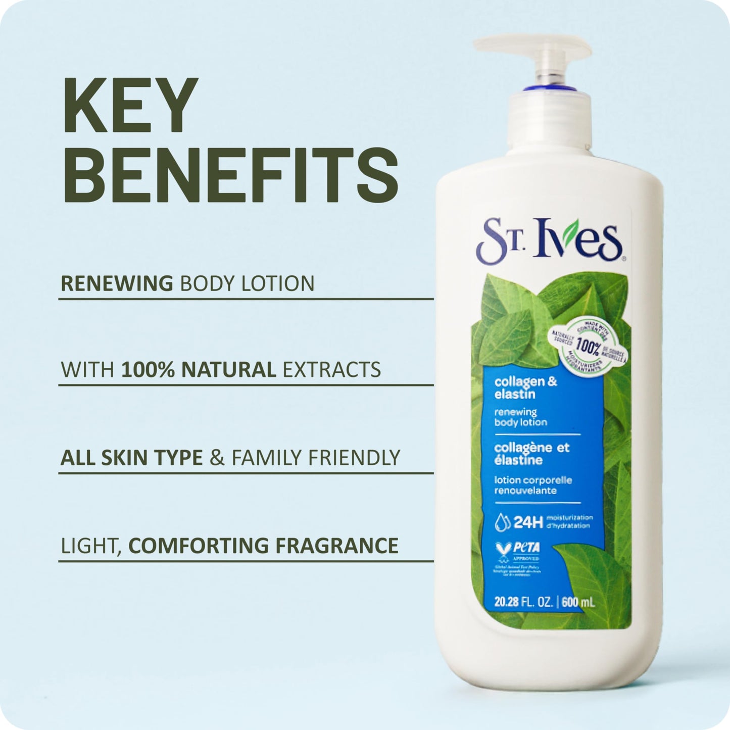 St. Ives Renewing Hand & Body Lotion for Women with Pump, Daily Moisturizer Collagen Elastin for Dry Skin, Made with 100% Natural Moisturizers, 21 fl