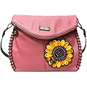 Chala Charming PINK Crossbody Bag With Flap Top and Zipper Cross-Body Purse or Shoulder Handbag with Sunflower Coin Purse- Pink (Sunflower)