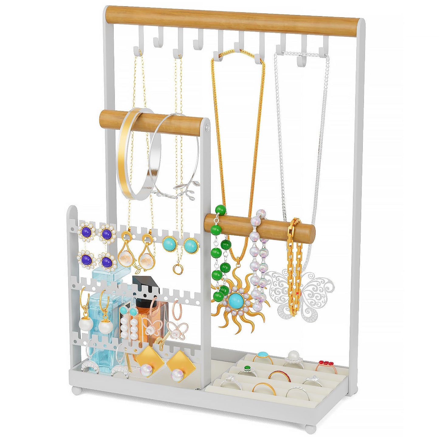 coobest Jewelry Holder Organizer Stand, Jewelry Display Rack with 36 Holes Earring Holder, 10 Hooks Necklace Organizer, Velvet Ring Holder Dish…