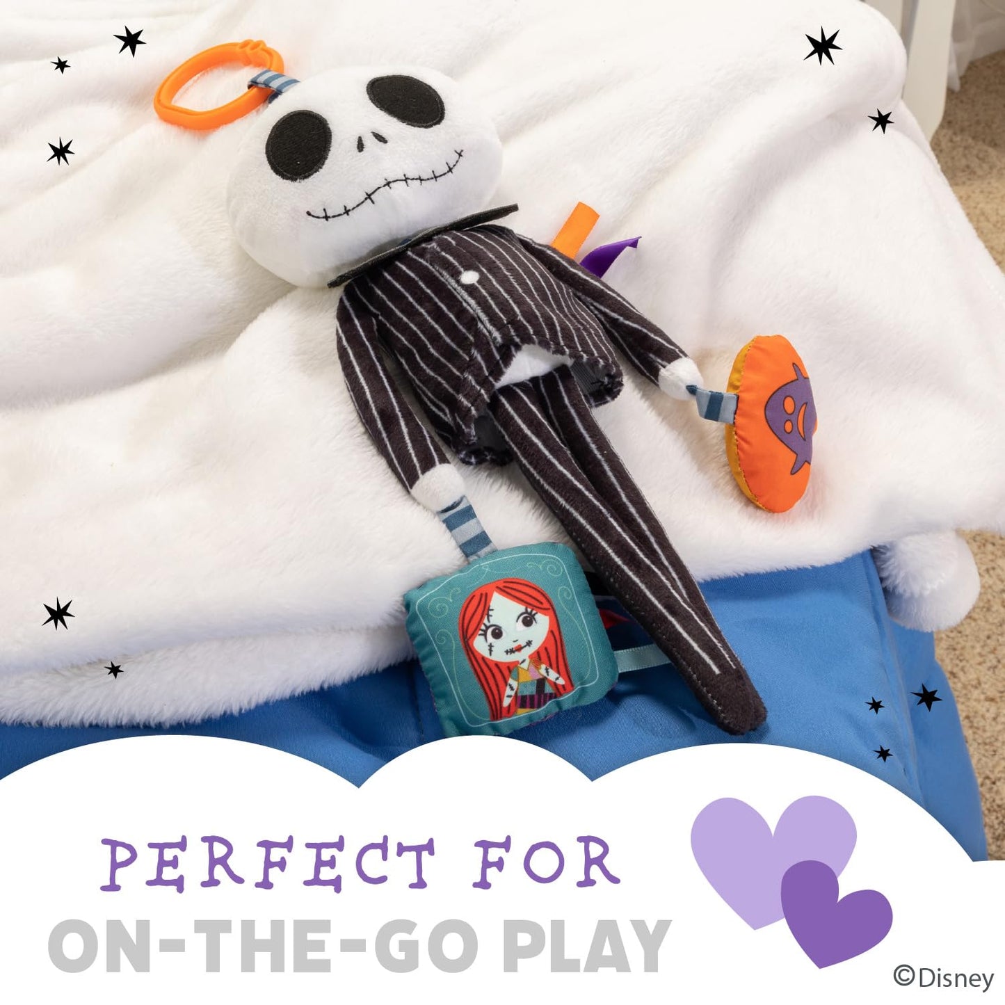KIDS PREFERRED Disney Baby Nightmare Before Christmas Jack Skellington On The Go Activity Toy with Crinkle, On The Go Clip, Bell Chime and Ziggle
