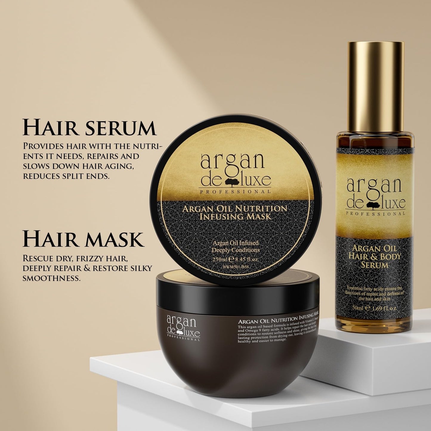 Argan Deluxe Professional Argan Oil Hair Care Set, Nourishing Shampoo and Conditioner 500ml, Nutrition infusion Hair Mask 500ml, Hair and Body Serum