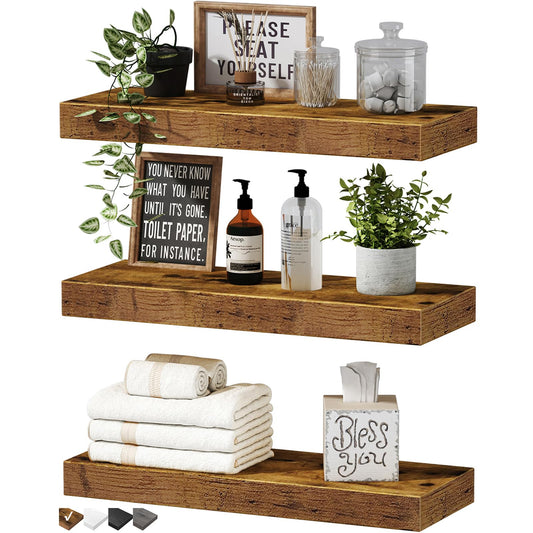 QEEIG Floating Wall Shelves – 16" Rustic Brown Set of 3 for Bathroom, Bedroom, Kitchen, Living Room & Farmhouse Decor