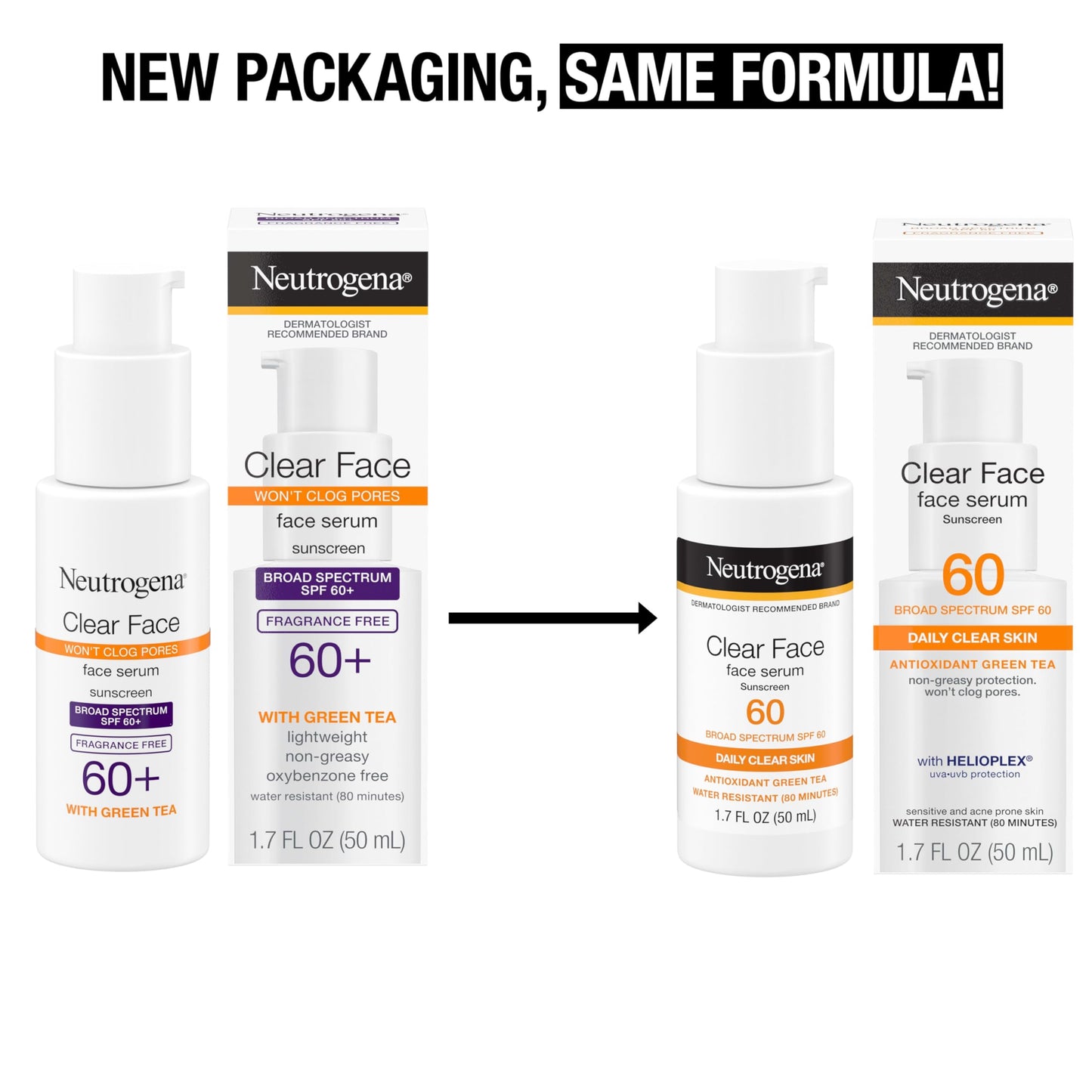 Neutrogena Clear Face Serum Sunscreen with Green Tea, Broad Spectrum SPF 60, Non-Comedogenic Face Sunscreen for Lightweight UVA/UVB Protection