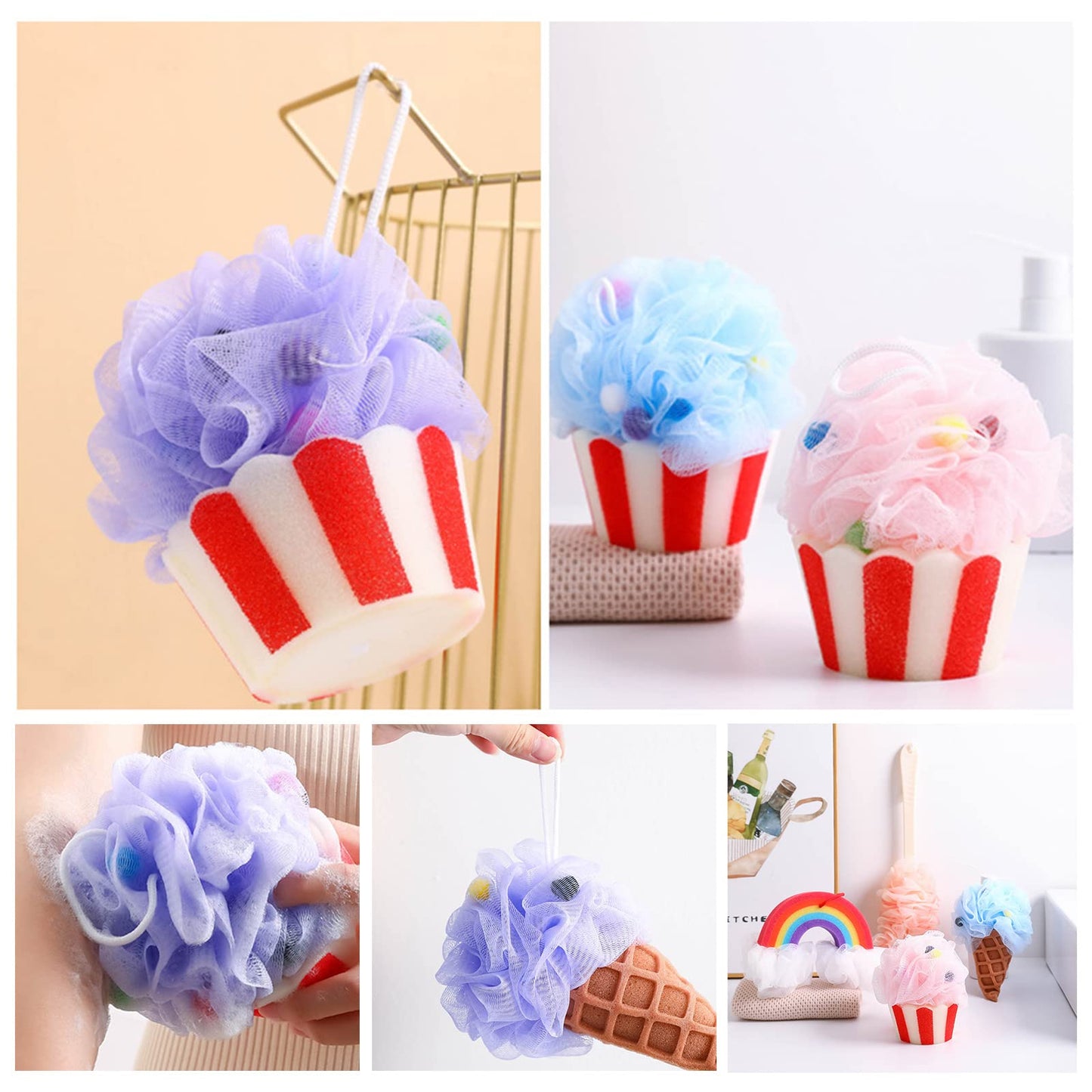 Bath Sponge Ice Cream Loofah Body Scrubber Shower Cleaning Loofahs Bathroom Men Women Bathing Accessories Shower Sponges for Women Soft Beauty and Personal Care Kcjhagbd