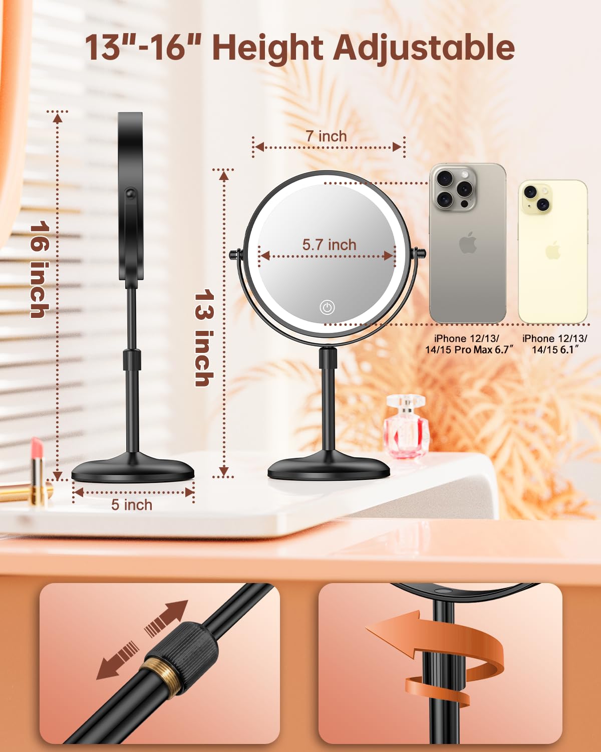 Benbilry Lighted Makeup Mirror with 10X Magnification & 3 Color Lights, Adjustable Brightness & Height, 7 Inch 360° Swivel Rechargeable LED Magnifying