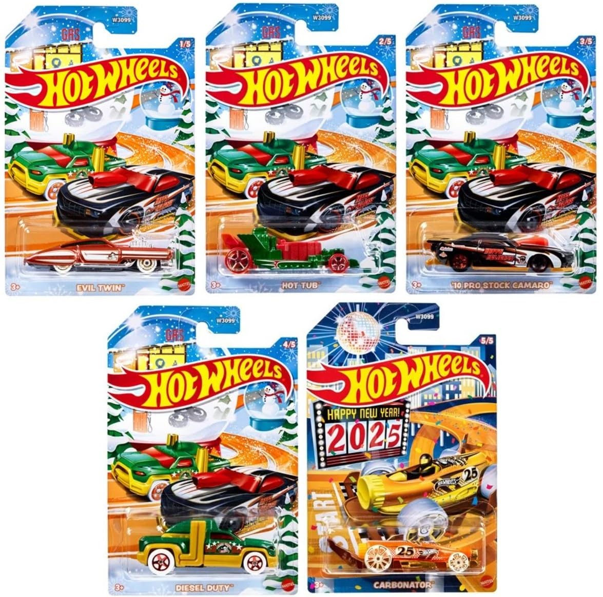 Hot Wheels 2024 Happy Holidays Christmas Mix Winter Set of 5 Pack, 1:64 Scale Diecast X-mas