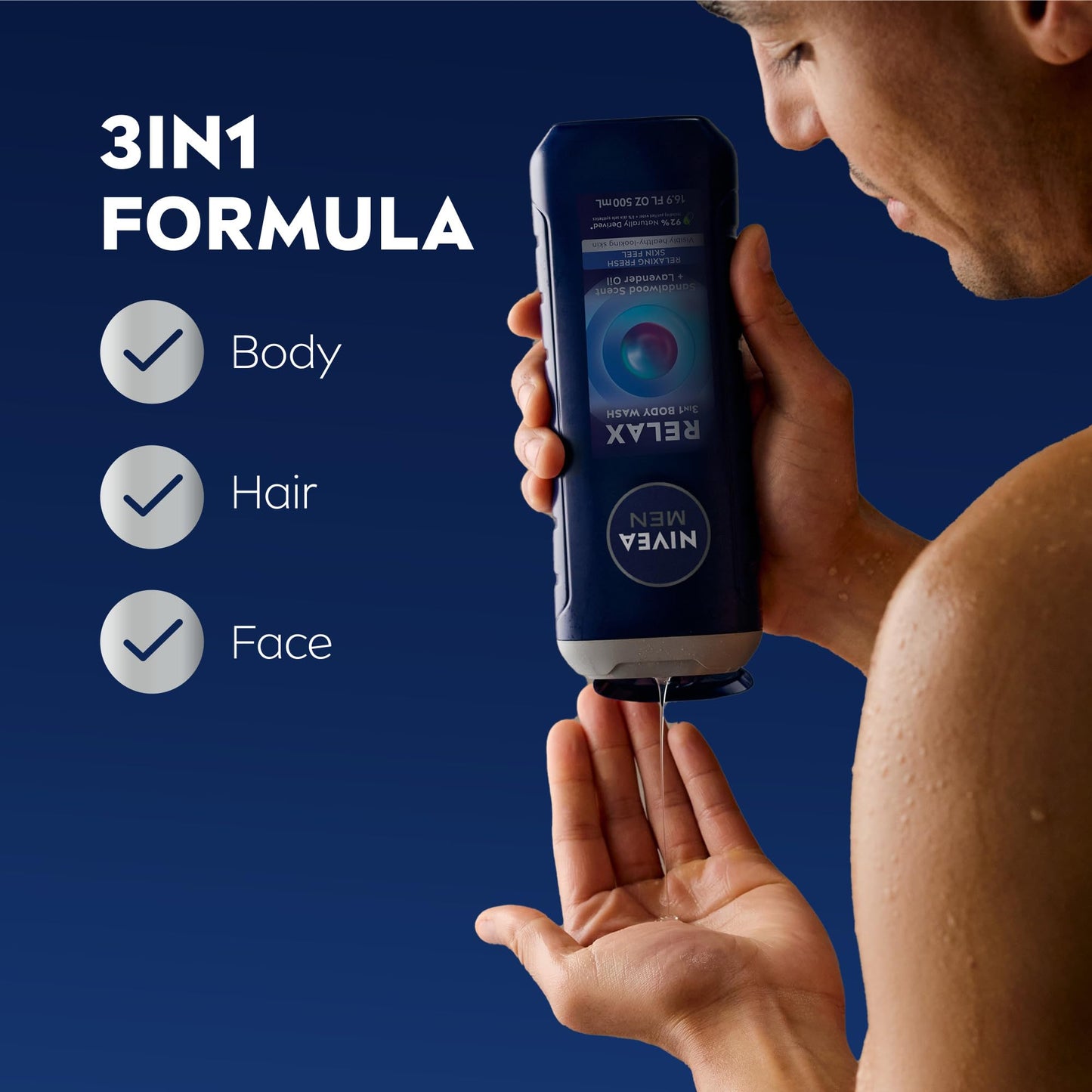 NIVEA MEN Relax Body Wash, Lavender and Sandalwood Scent, 3-in-1 Men's Body Wash, Face and Hair, Paraben Free, Vegan Formula, pH-Skin Friendly, 16.9