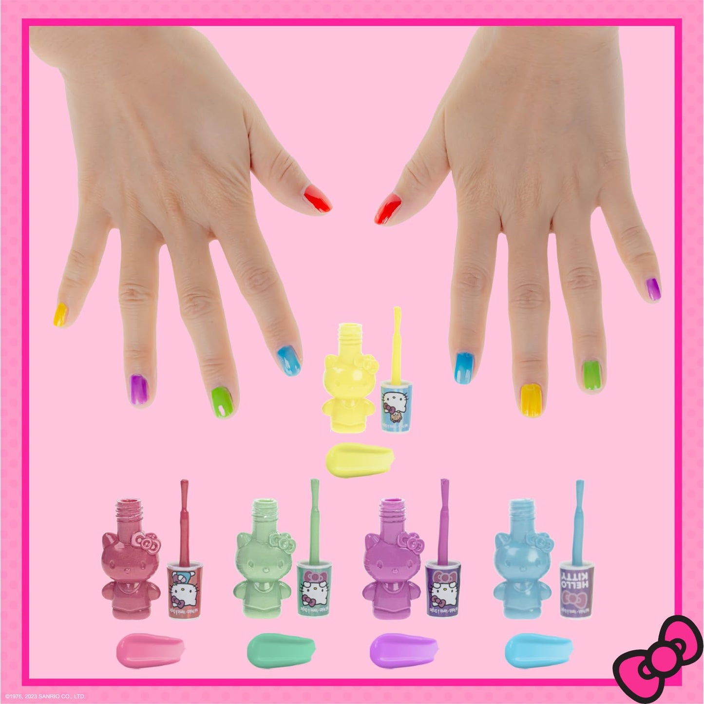 Hello Kitty 8 Pack Non-Toxic Peel-Off Shimmer and Opaque, Water-Based Safe Nail Polish Set with Nail Dryer for Kids, AA Batteries Not Included, Ages 3