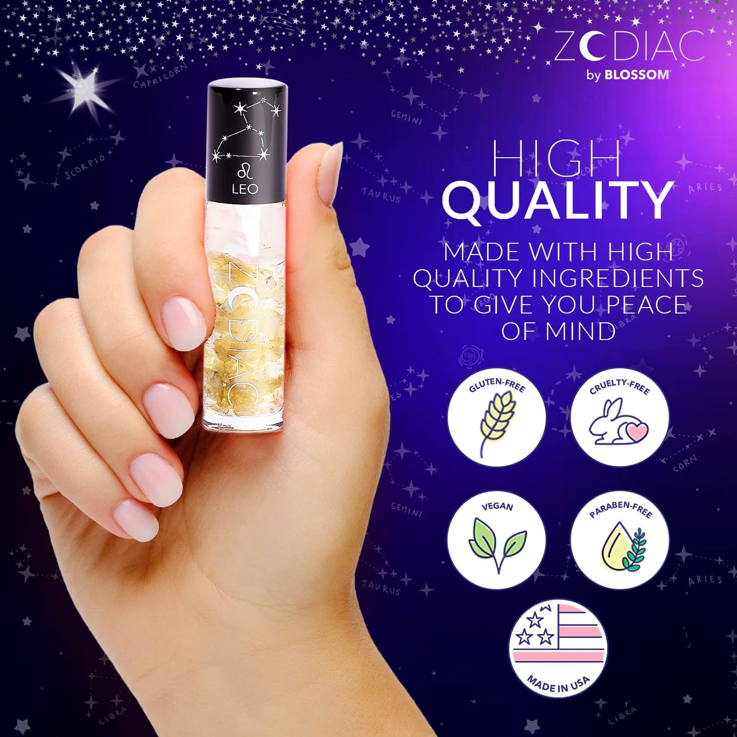 Blossom Lip Gloss Zodiac Sign Vanilla Scented Roll-On Lip Gloss, Moisturizing + Hydrating with Zodiac Crystals, Made in USA, 0.20oz, Leo