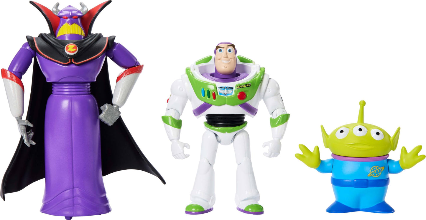 Mattel Disney Pixar Storytellers Story Intergalactic 3-Pack of Action Figures, 4-Inch Scale Buzz Lightyear, Zurg & Alien Posable Toys