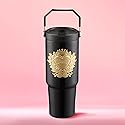 Juicy Couture 30oz Flip Flow Stainless Steel Tumbler With Flip Straw and Carry Handle, Black 3D Gold Logo