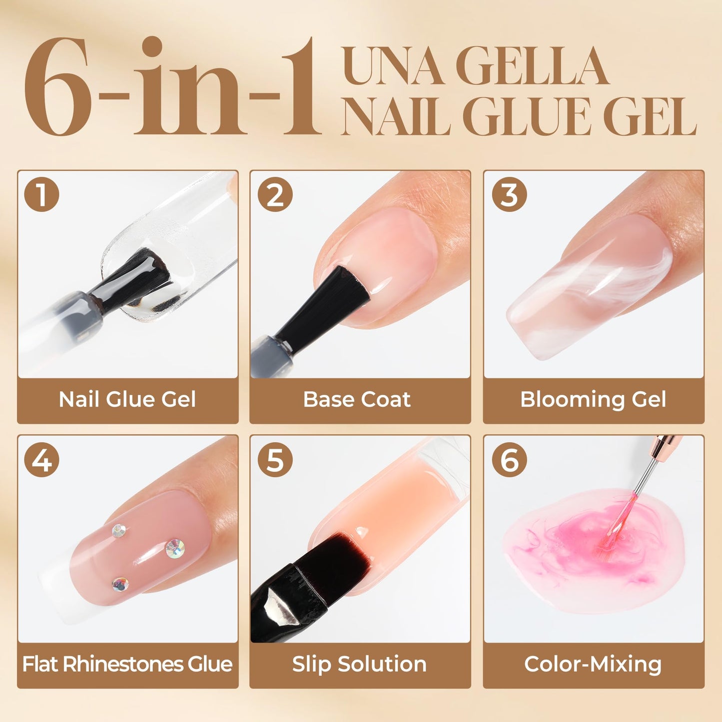 UNA GELLA 6 in 1 Gel Nail Glue for Nails Tips 10ml Long Lasting U V Nail Glue Super Strong Brush On Glue for Base Blooming Gel for Clear False Nail Beauty and Personal Care UNA GELLA