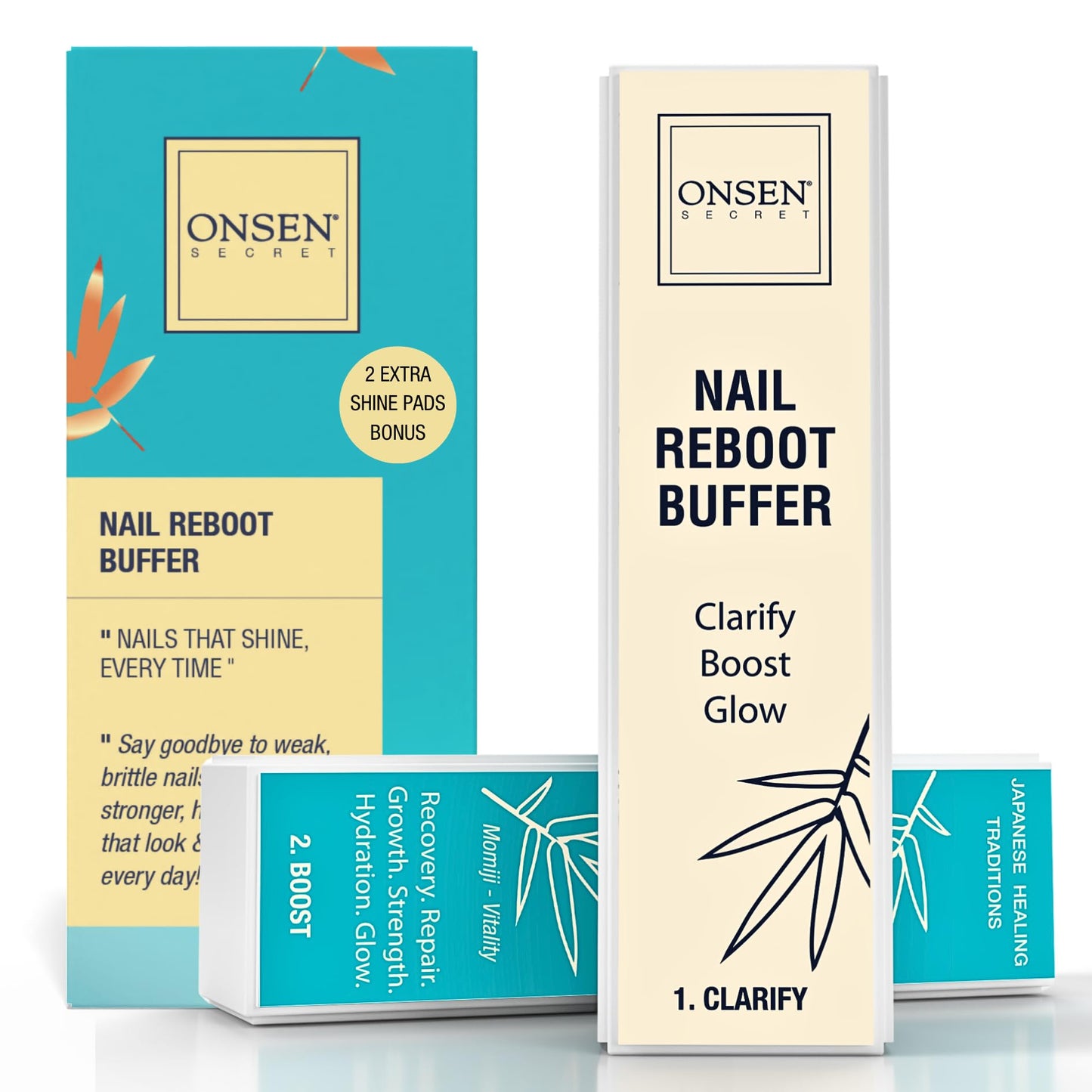 Onsen Secret Professional Nail Buffer Block | 4-Way Buffing for Natural Shine & Healthy Natural Nails - Includes 2 Extra Shine Pads, Salon-Quality