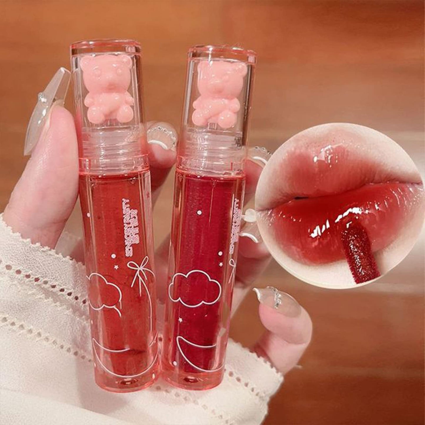 New Irven 2Pcs Bear Lip Glaze Jelly Lipstick,Liquid Lipstick Cute Bear Lipgloss Moisturizing Lip Stain Plumping Water Lip Gloss Waterproof Long