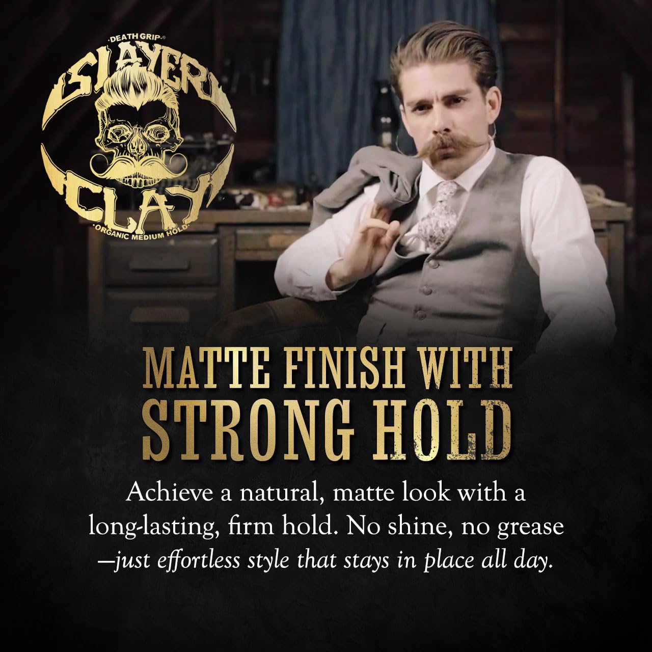 Hair Clay For Men - Slayer Clay Organic Medium Hold 2 Ounce Tin - Like Pomade Cream Or Gel - Shine Free & Non Greasy - Anti Dandruff & Easy To Use