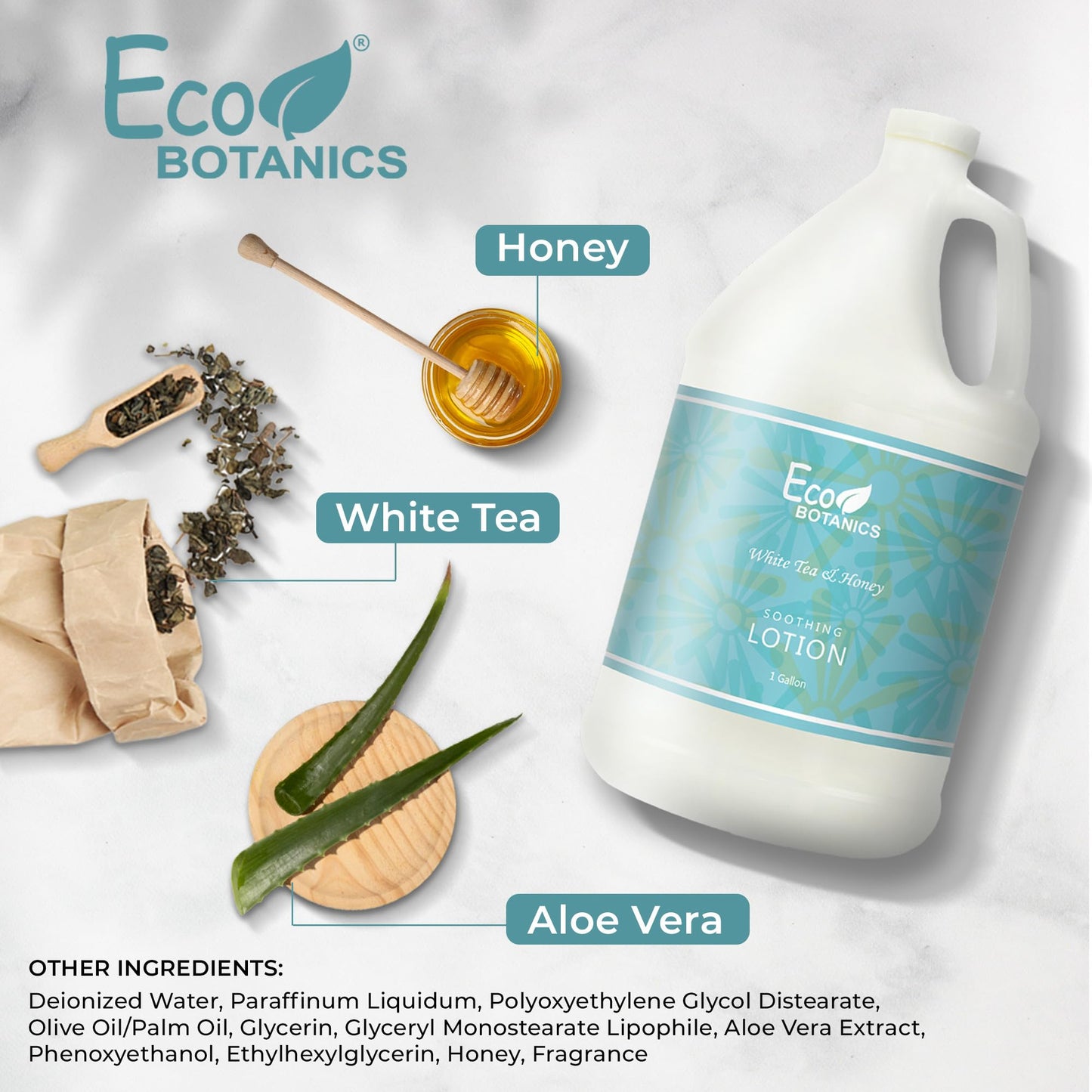 Terra Pure 1-Shoppe Eco Botanics Natural Lotion with Raw Honey & White Tea | Gallon Jug Bulk Toiletries for Airbnb, Vacation Rentals, and Home
