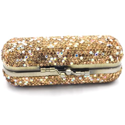 Bestbling Bling Rhinestone Crystal Lipstick Case Holder Organizer bag Cosmetic Storage for Women's Lipstick Jewelry Kit (Gold)