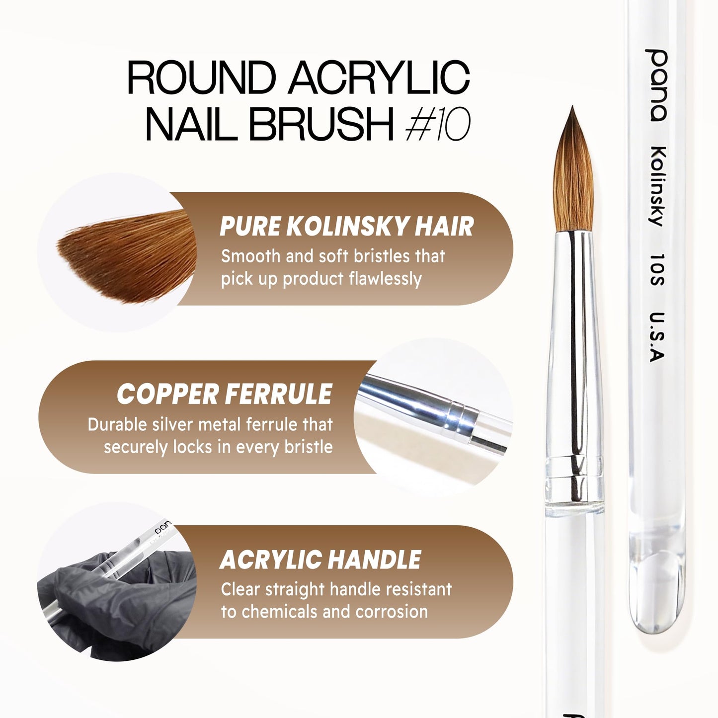 PANA Pure Kolinsky Hair Nail Brush - Round Clear Acrylic Handle (Size 10) - Nail Brush for Nail Application, Nail Extension, Manicure Pedicure Salon Beauty & Personal Care PANA
