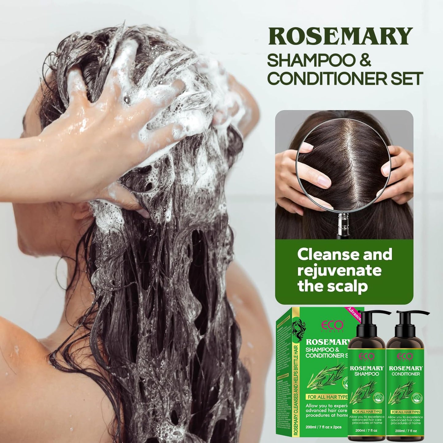 Rosemary Hair Growth Shampoo & Conditioner Set: Infused with Tea Tree Oil Mint Biotin - Cleanses and Helps Strengthen Weak and Brittle Hair - Promotes